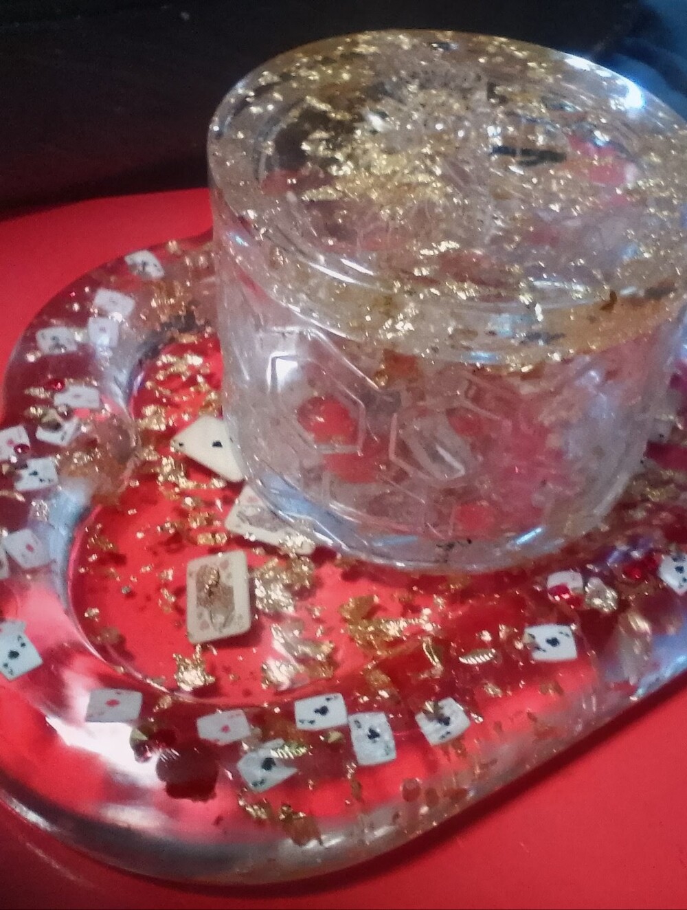 Clear Resin Trinket Dish Set with Gold Leaf and Playing Card Embellishments